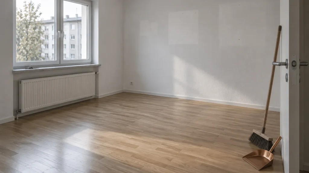 Frisch gefegtes leeres Zimmer, Besen an der Tür, Schlüssel auf der Fensterbank