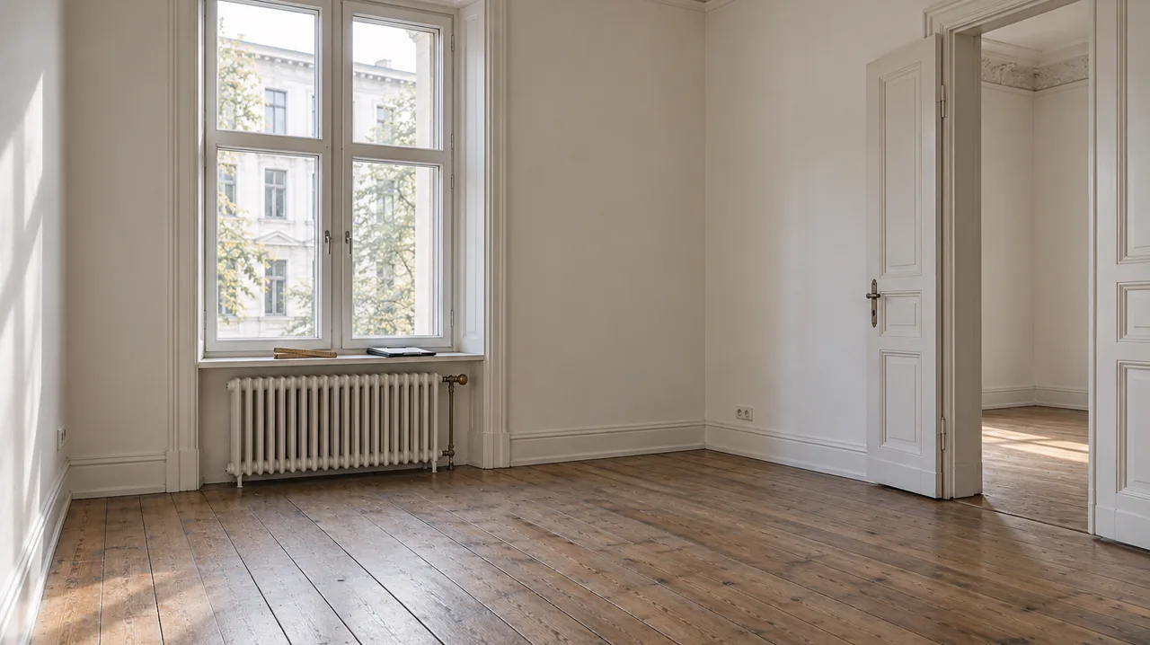 Leeres Berliner Altbauzimmer mit Dielenboden nach der Räumung