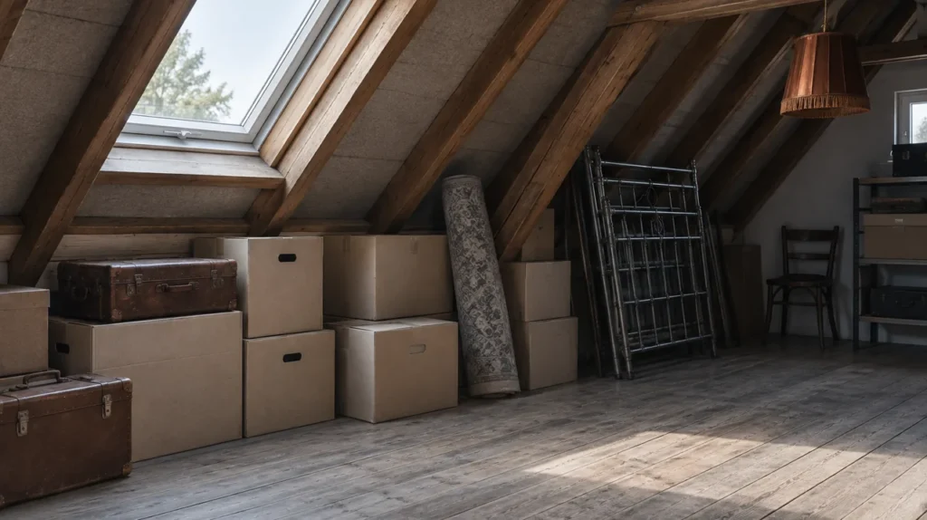 Dachboden mit Schräge und Dachfenster, Kartons, Koffer und ein Bettgestell