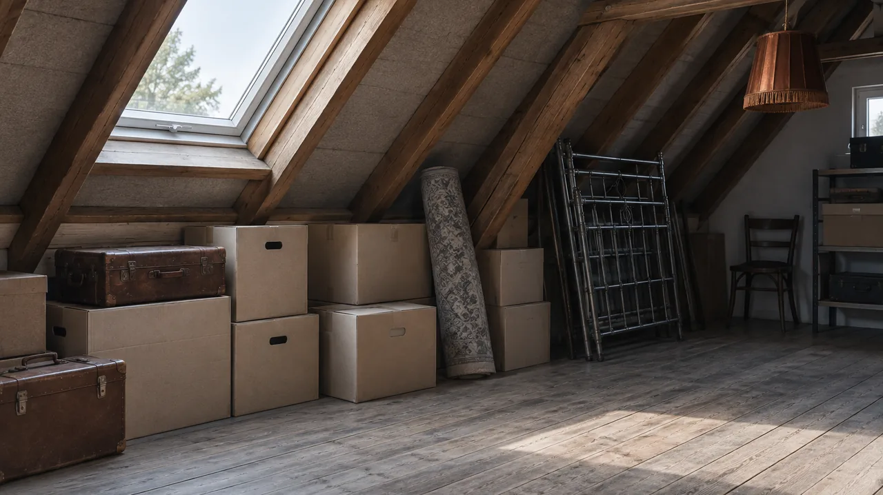 Dachboden mit Schräge und Dachfenster, Kartons, Koffer und ein Bettgestell