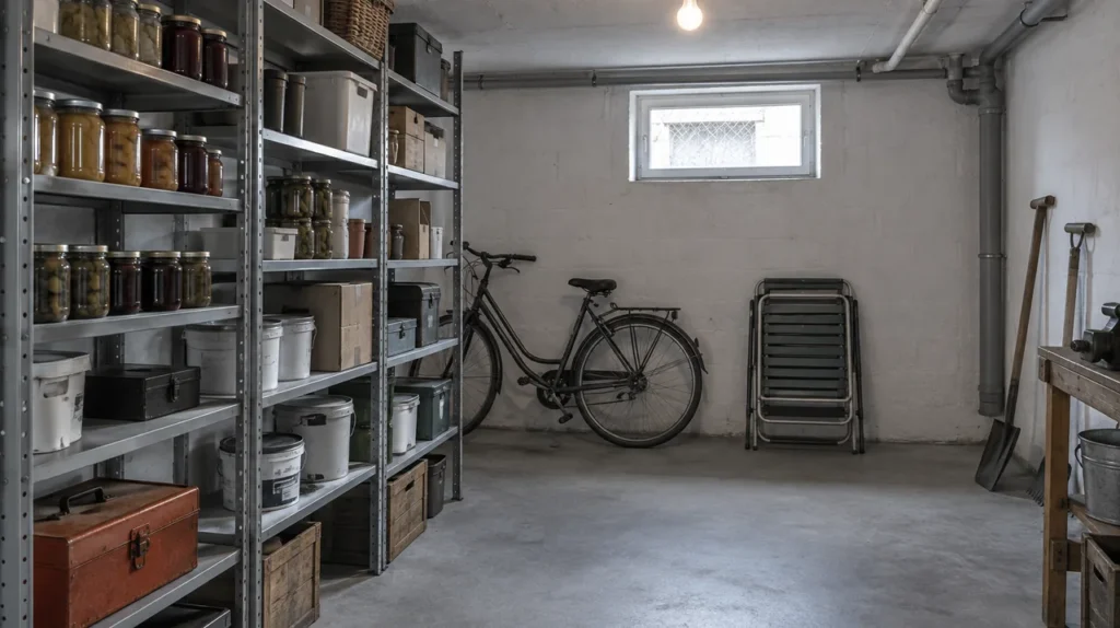 Kellerraum eines Einfamilienhauses mit Betonboden, Metallregalen, Einmachgläsern, Fahrrad und Farbeimern