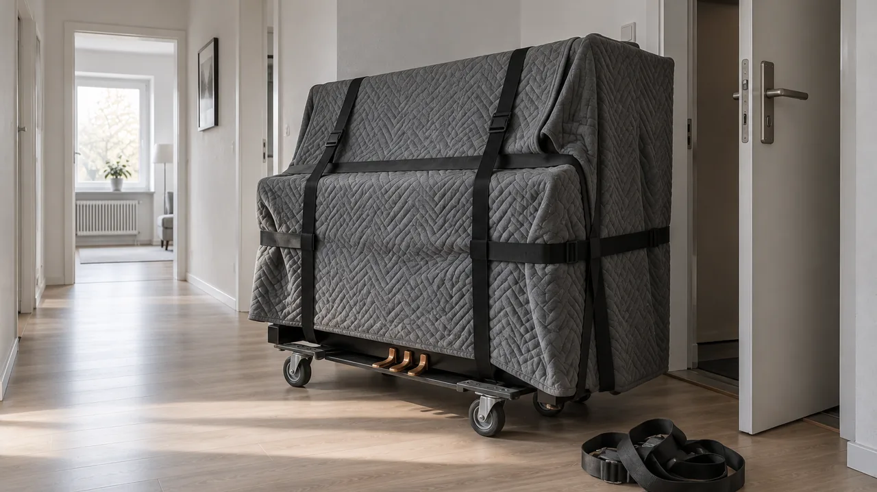 Klavier mit Transportdecke und Spanngurten vor der Wohnungstür, Tragegurte daneben