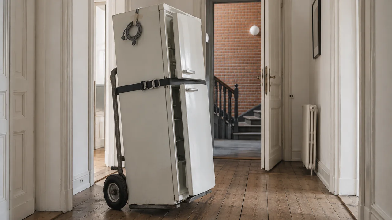Alter Kühlschrank auf einer Sackkarre im Hausflur
