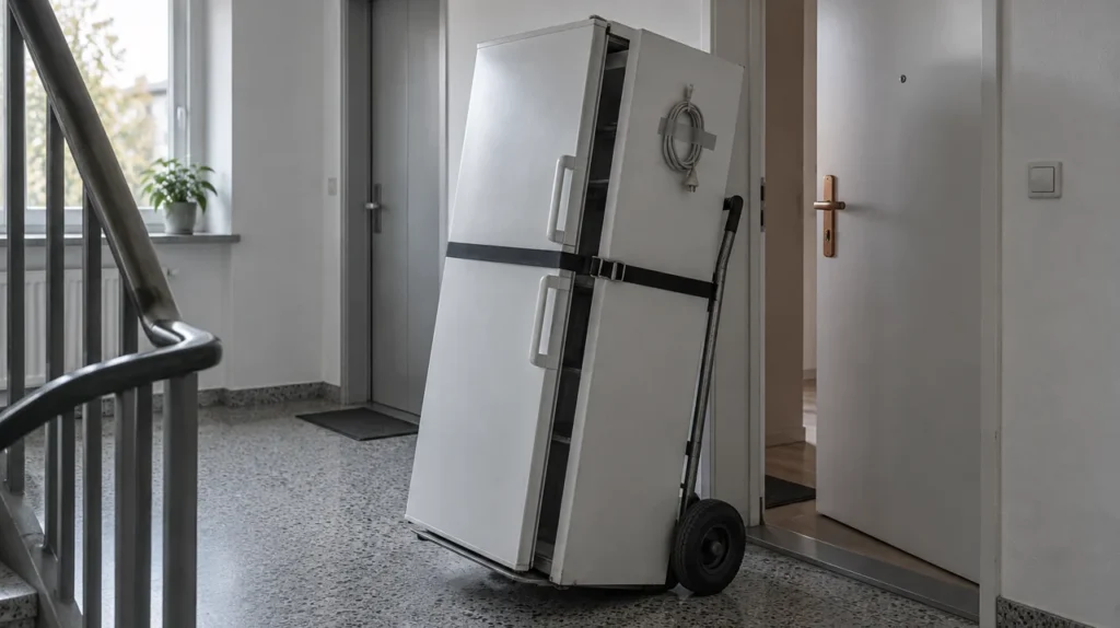Weißer Kühlschrank auf einer Sackkarre im Hausflur, Kabel aufgerollt