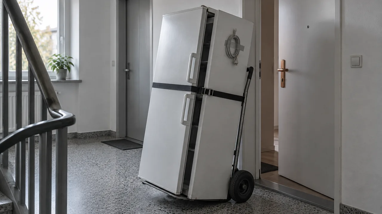 Weißer Kühlschrank auf einer Sackkarre im Hausflur, Kabel aufgerollt