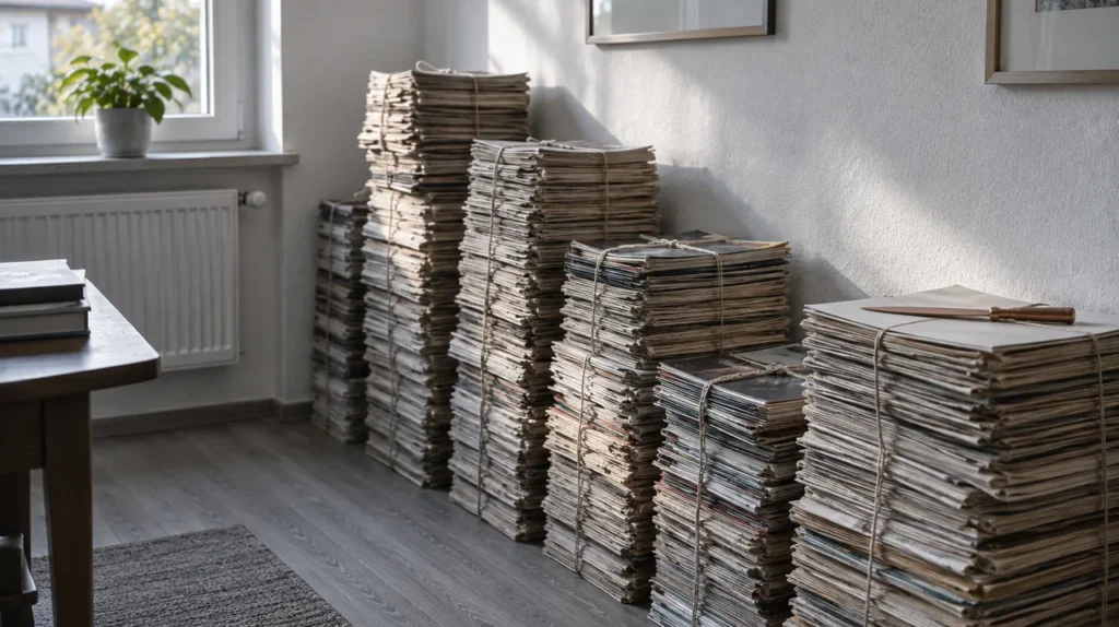 Verschnürte Zeitungsstapel neben dem Fenster im Seitenlicht, ordentlich, ohne Schmutz