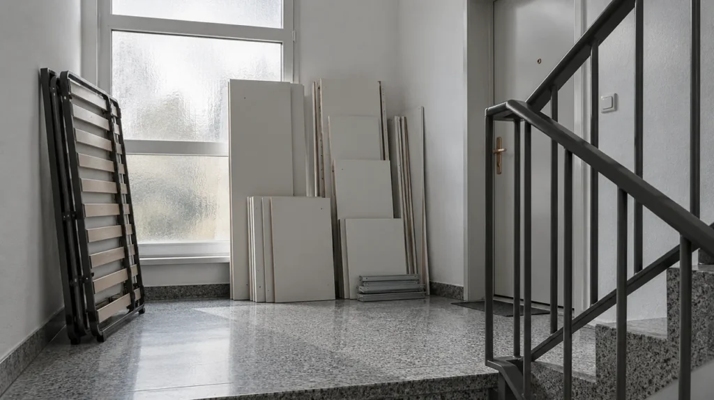 Zerlegter Kleiderschrank als Plattenstapel im Treppenhaus eines Mehrfamilienhauses