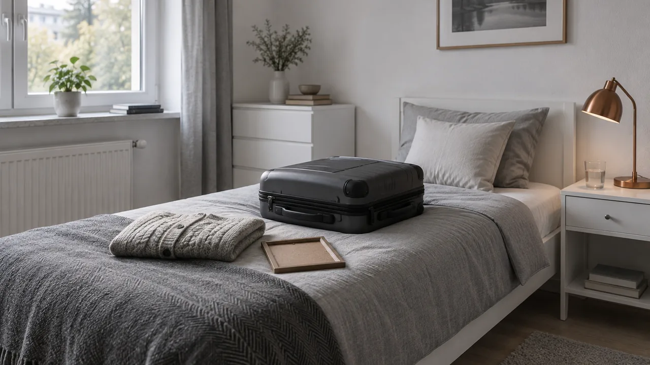 Gepackter Koffer und ein umgedrehter Bilderrahmen auf einem gemachten Bett in einem hellen Schlafzimmer