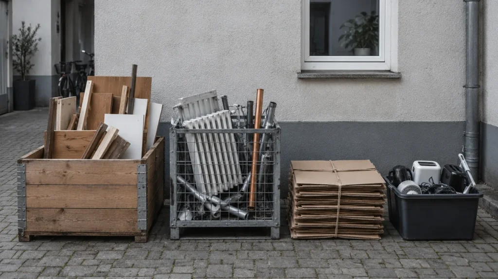 Getrennte Abfallfraktionen im Hof: Holz, Metall, Kartonage und Elektro in je einem Behälter