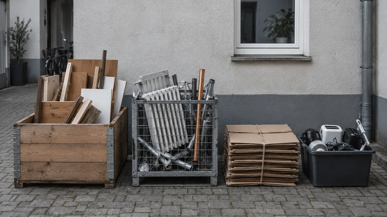 Getrennte Abfallfraktionen im Hof: Holz, Metall, Kartonage und Elektro in je einem Behälter