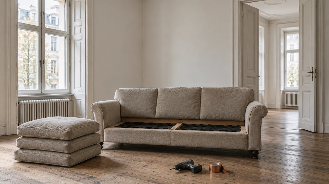 Altes Sofa vor der Entsorgung in einem Berliner Altbauzimmer
