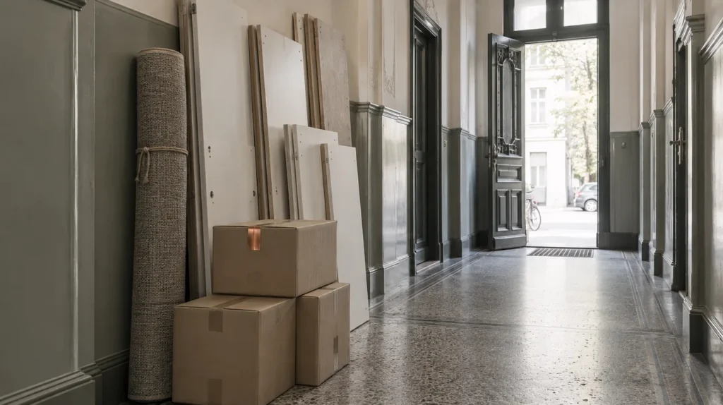 Zerlegte Möbel und Kartons bereitgestellt im Hausflur eines Berliner Altbaus