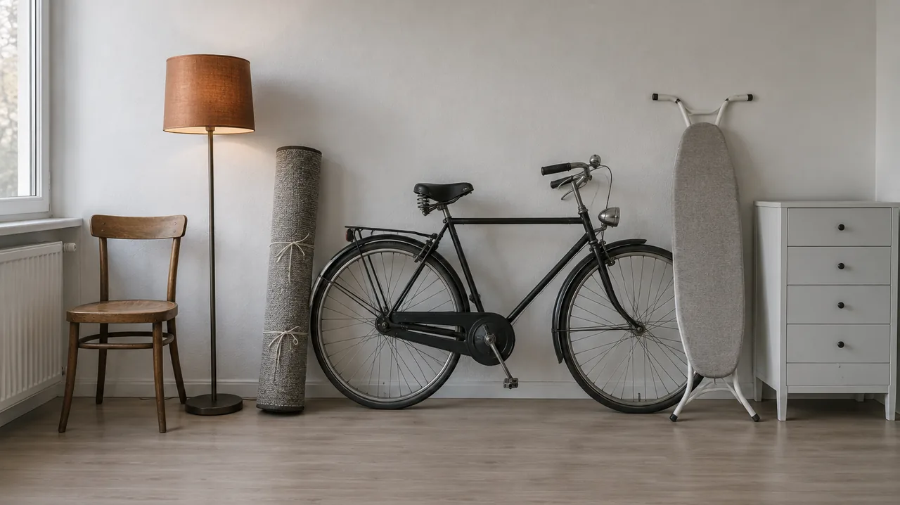 An der Wand aufgereiht: Stuhl, Stehlampe, gerollter Teppich, Fahrrad und Bügelbrett