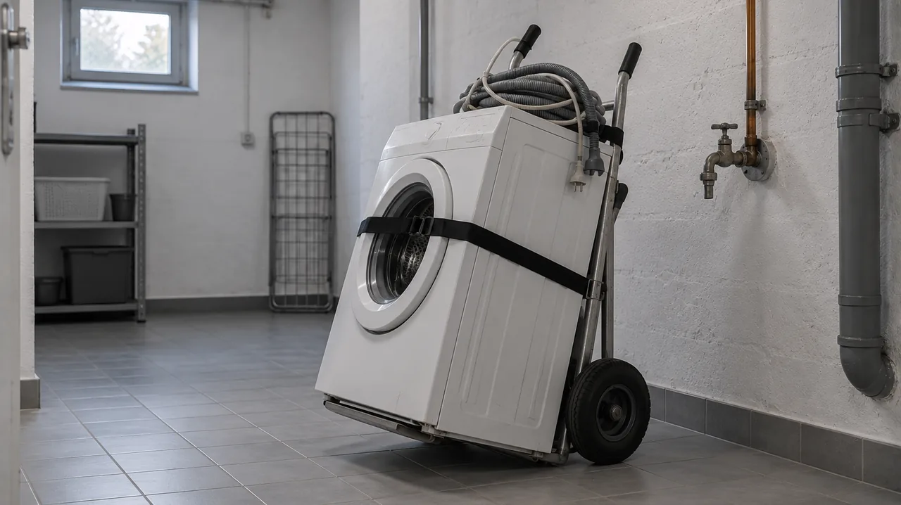Waschmaschine auf einer Sackkarre vor der Waschküche, Schläuche aufgewickelt