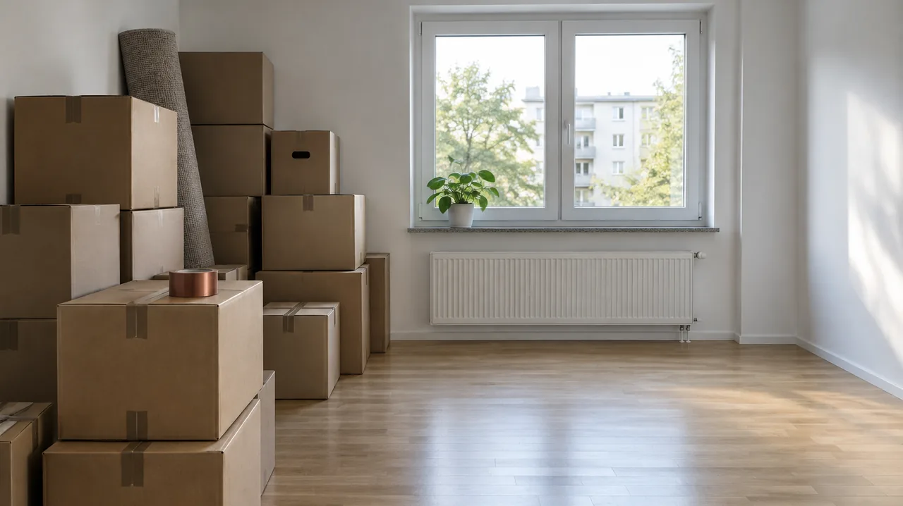 Halb geräumte Wohnung mit gestapelten Umzugskartons