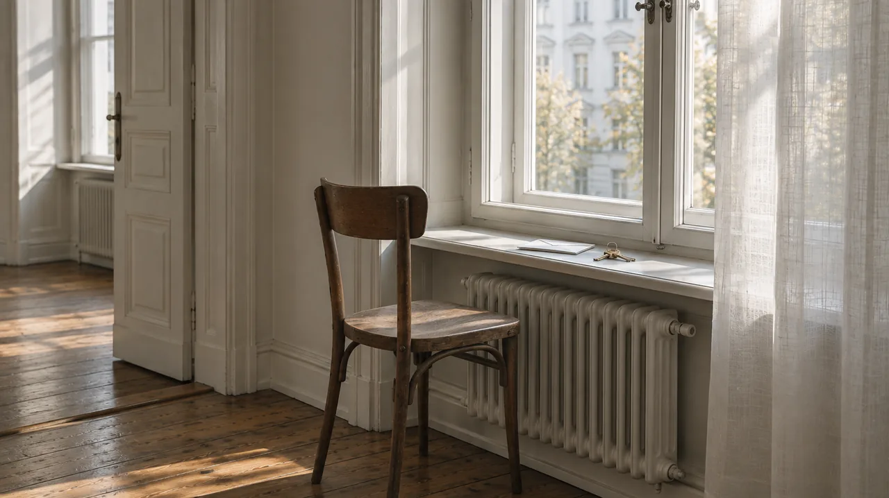 Leerer Stuhl am Fenster einer Altbauwohnung