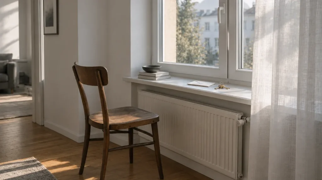 Holzstuhl am Fenster, Schlüsselbund und Umschlag auf der Fensterbank, Stores halb zugezogen